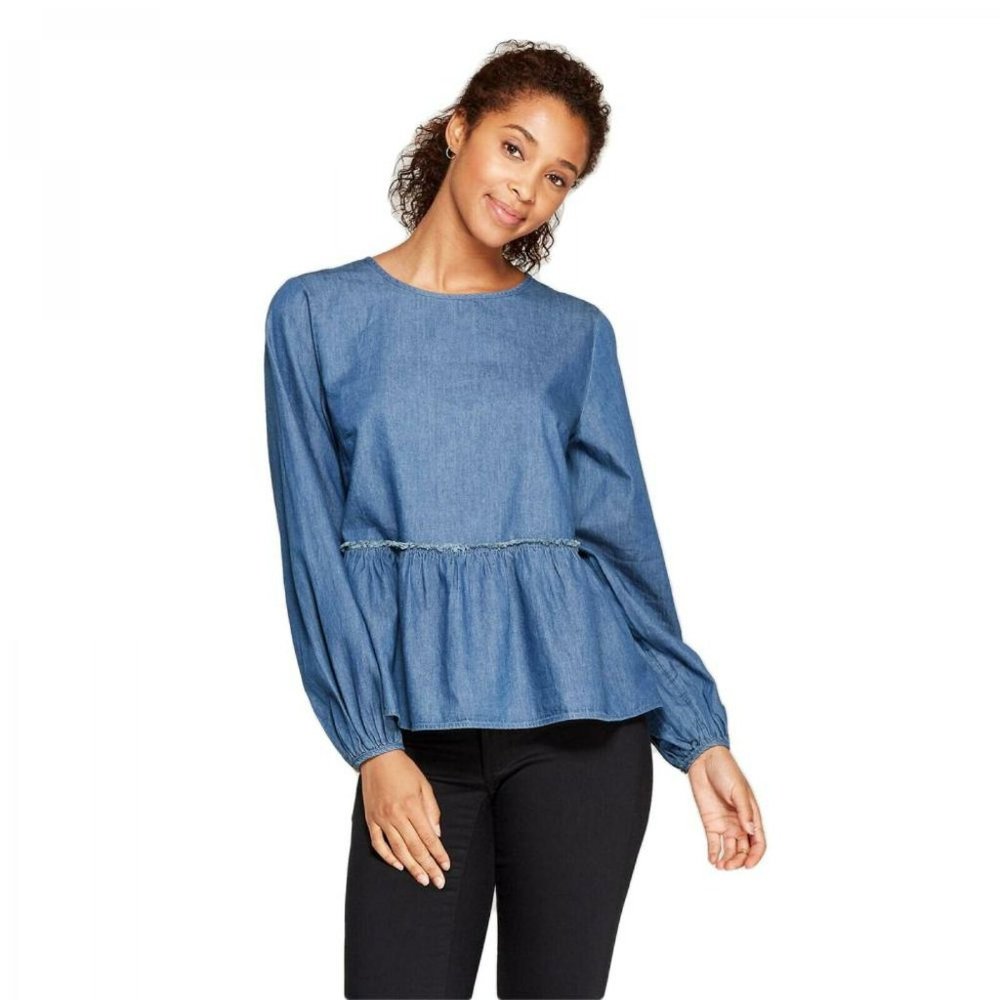 NWOT Chambray Long Sleeve Peasant Blouse, Sz Large